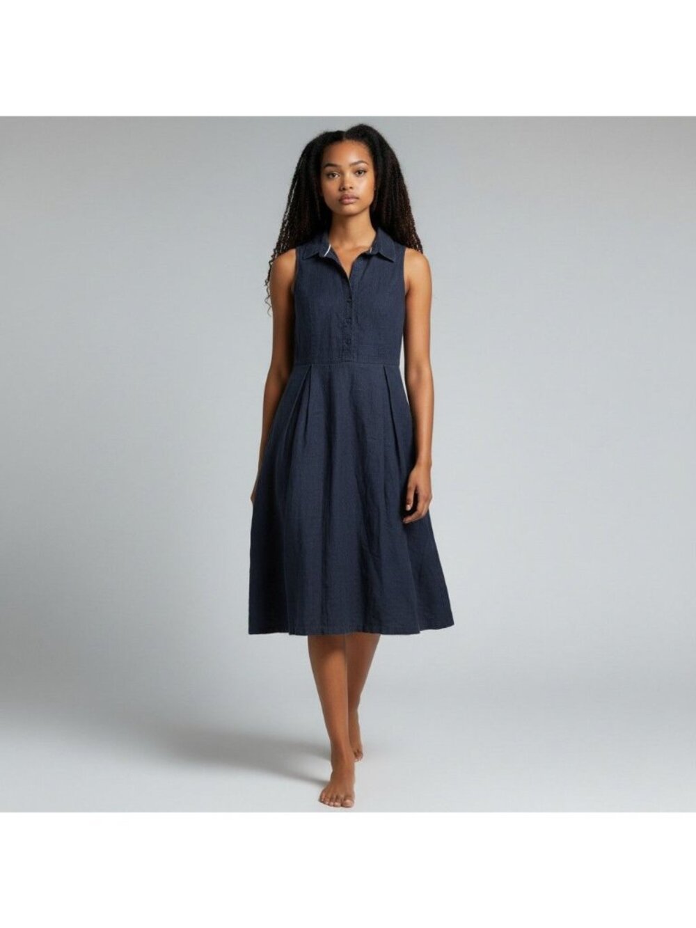Tommy Hilfiger Linen Womens Navy Sleeveless Midi Dress Button Front & Collar Siz - Picture 2 of 14
